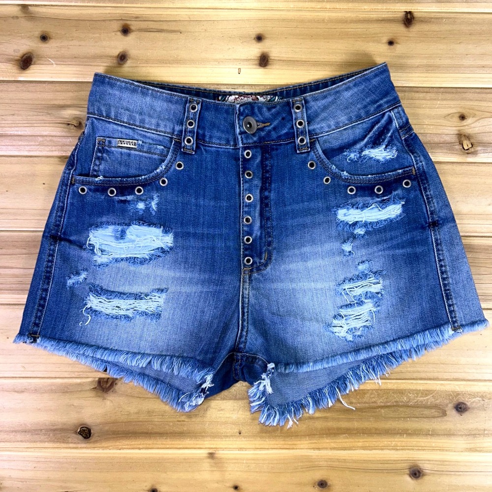 Colcci Jean Shorts Womens 27 Distressed Eyelet High Rise Cut Off Denim Shorts
